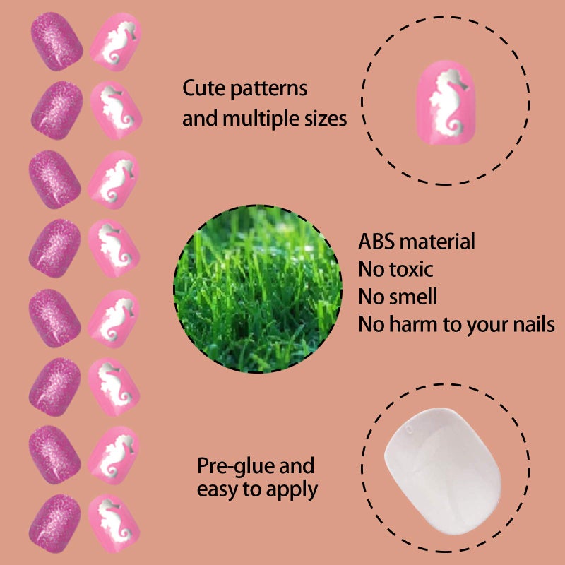 SIUSIO 120Pcs 5 Pack Children Acrylic Fake Nails Press on Pre-glue Full Cover Glitter Gradient Color Short False Nail Art Kits Sets Great Christmas Gift for Kids Little Girls - Mermaid Beach - Image 4